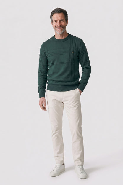 Men's Striped Crew Sweater | Ribbed Trim — Grun — front view — on model