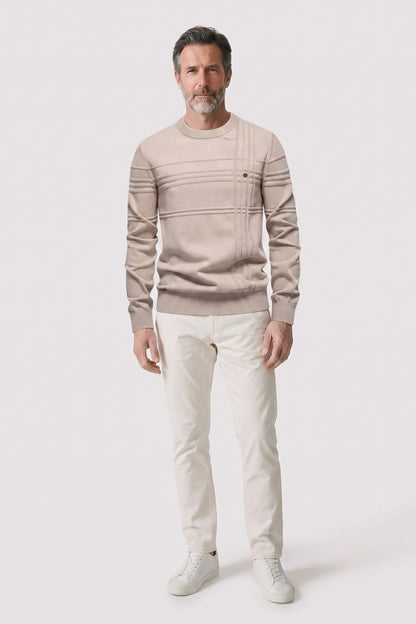 Men's Striped Crew Sweater | Ribbed Trim — Khaki — front view — on model