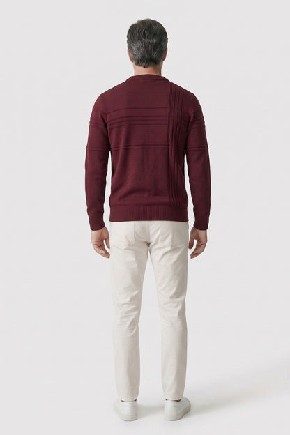 Men's Striped Crew Sweater | Ribbed Trim — Rot — back view — on model