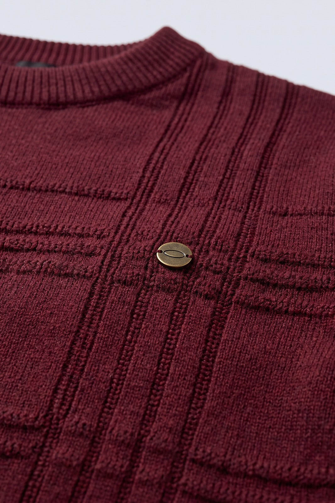 Men's Striped Crew Sweater | Ribbed Trim — Rot — detail — on model