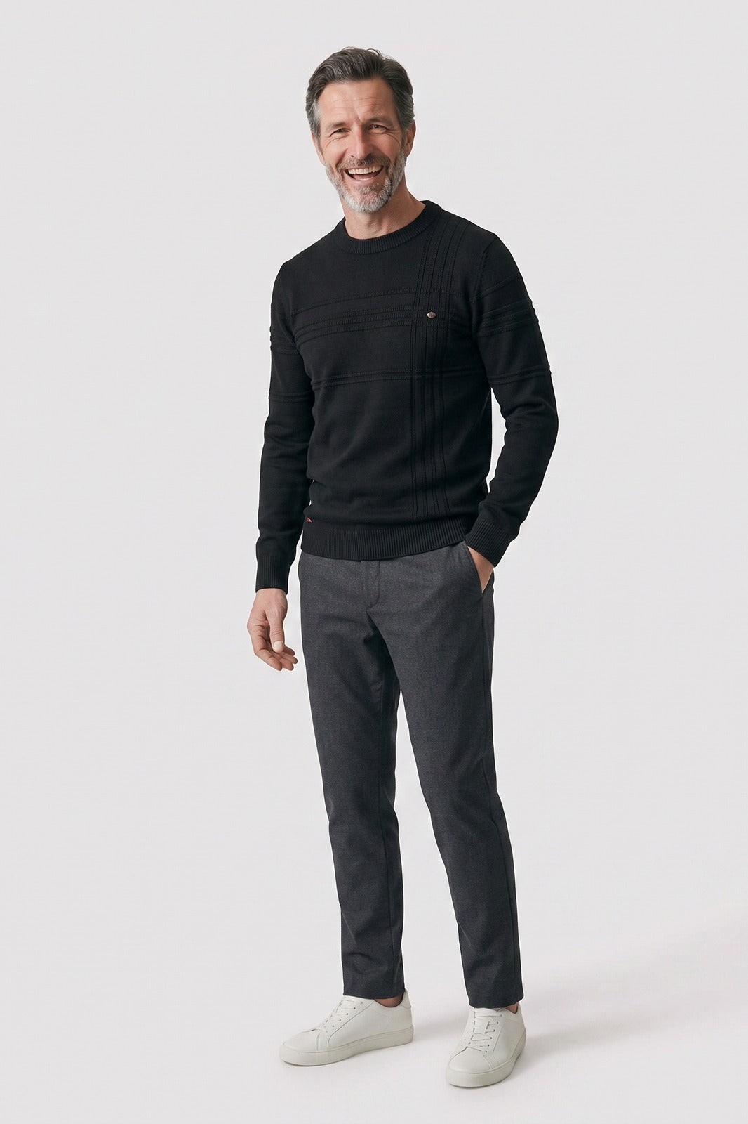 Men's Striped Crew Sweater | Ribbed Trim — Schwarz — front view — on model