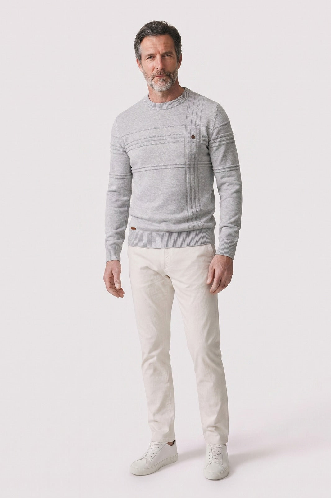 Men's Striped Crew Sweater | Ribbed Trim — Weiß — front view — on model