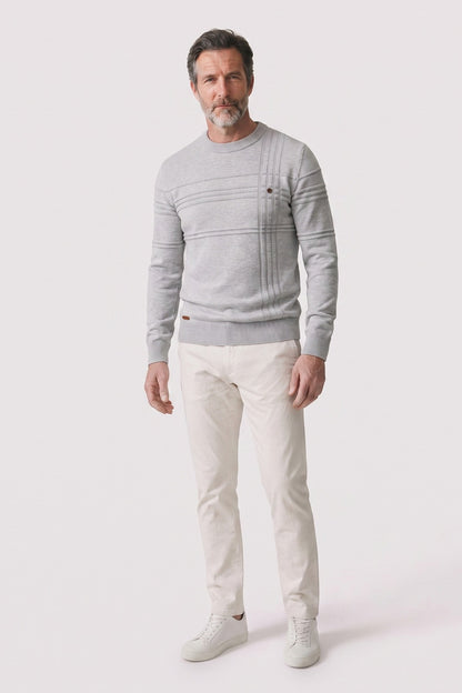 Men's Striped Crew Sweater | Ribbed Trim — Weiß — front view — on model