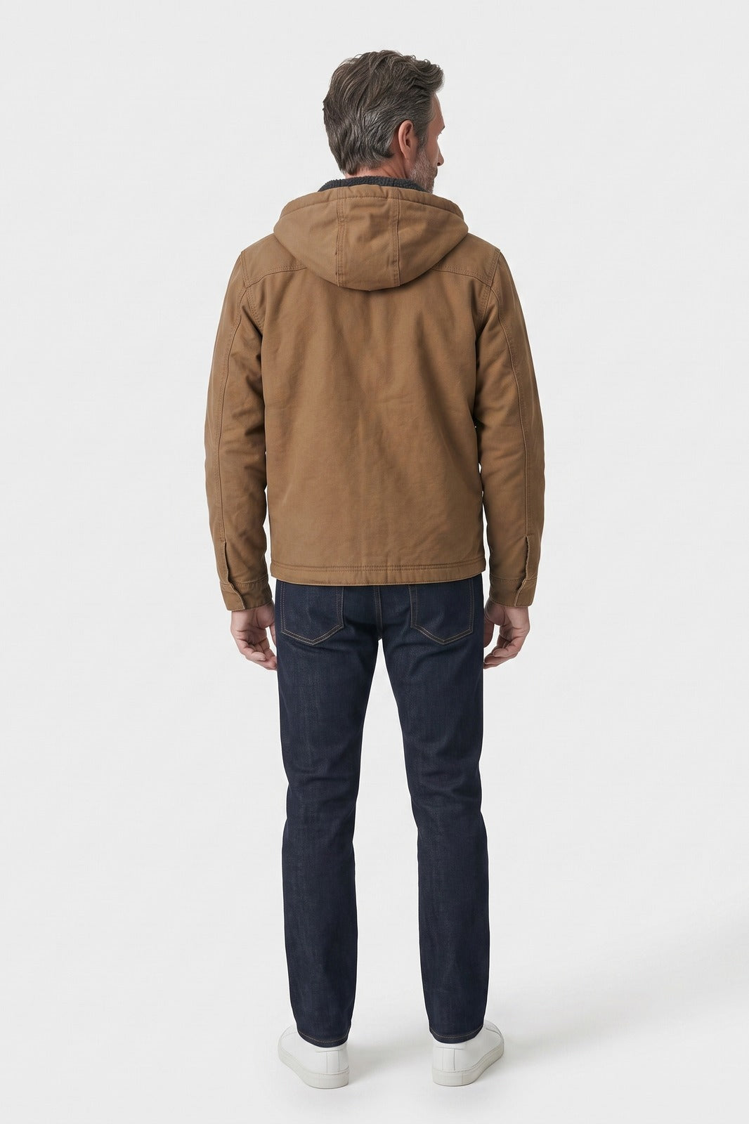 Men's Hooded Utility Jacket | Zip Front — Brown — back view — on model