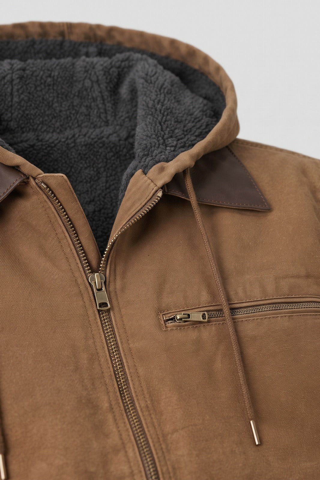 Men's Hooded Utility Jacket | Zip Front — Brown — detail — on model