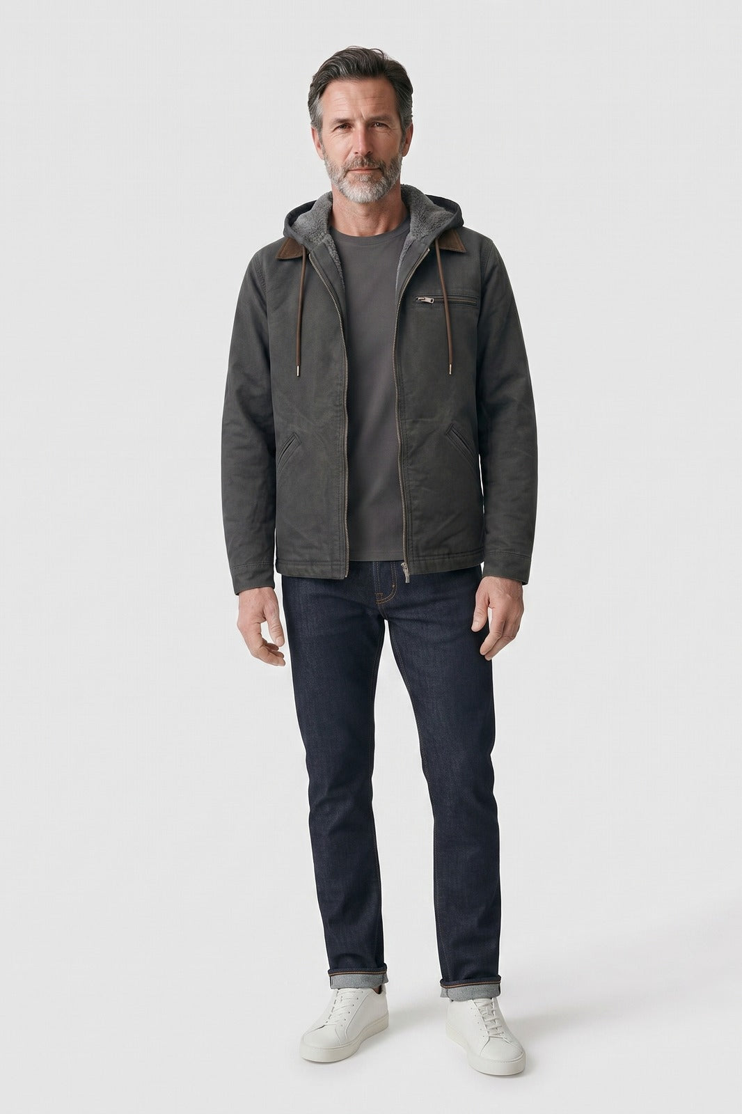 Men's Hooded Utility Jacket | Zip Front — Grey — front view — on model