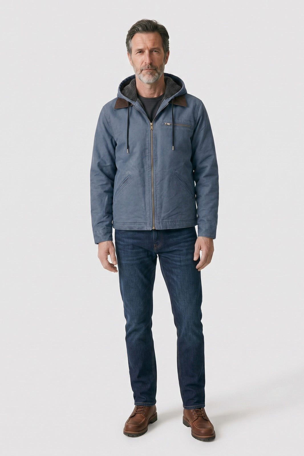 Men's Hooded Utility Jacket | Zip Front — Blue — front view — on model