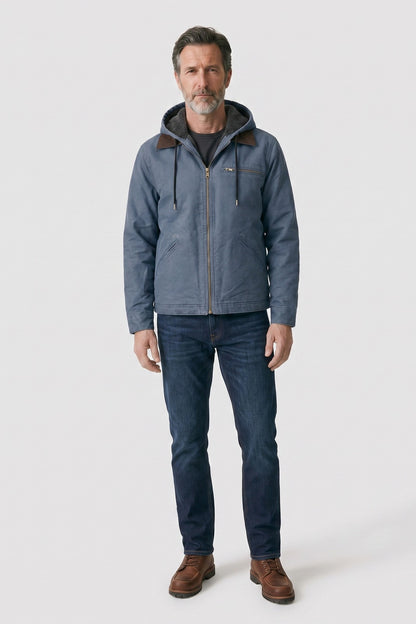 Men's Hooded Utility Jacket | Zip Front — Blue — front view — on model