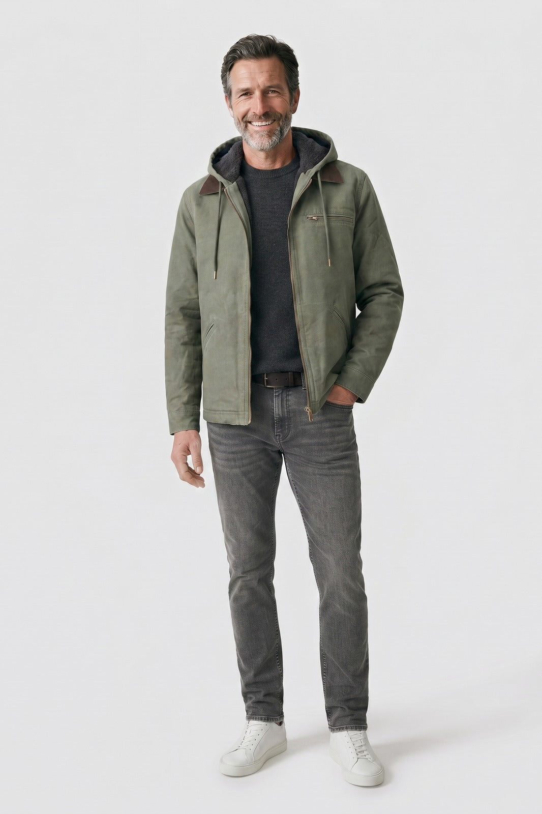 Men's Hooded Utility Jacket | Zip Front — Green — front view — on model