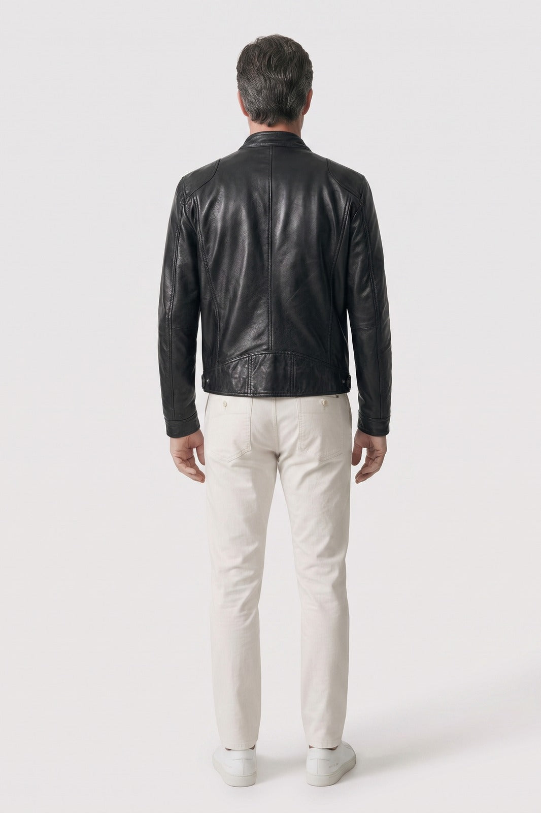 Men's Biker Jacket | Stand Collar — Black — back view — on model
