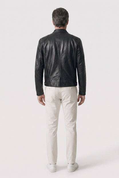 Men's Biker Jacket | Stand Collar — Black — back view — on model