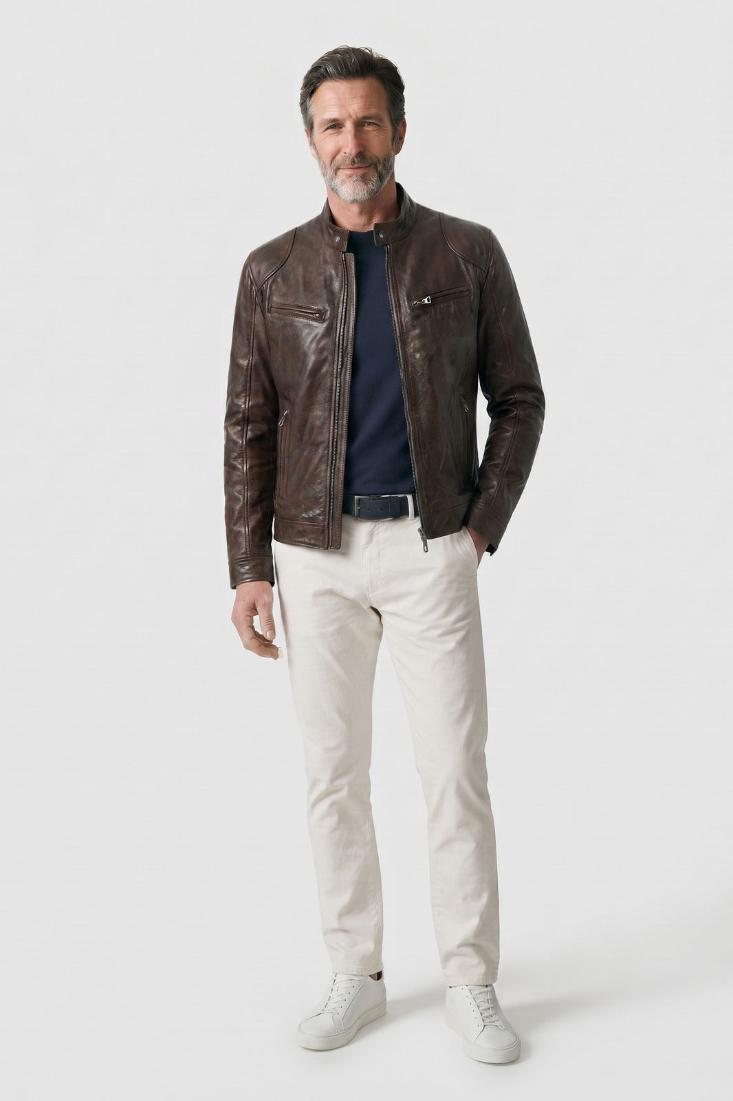 Men's Biker Jacket | Stand Collar — Brown — front view — on model