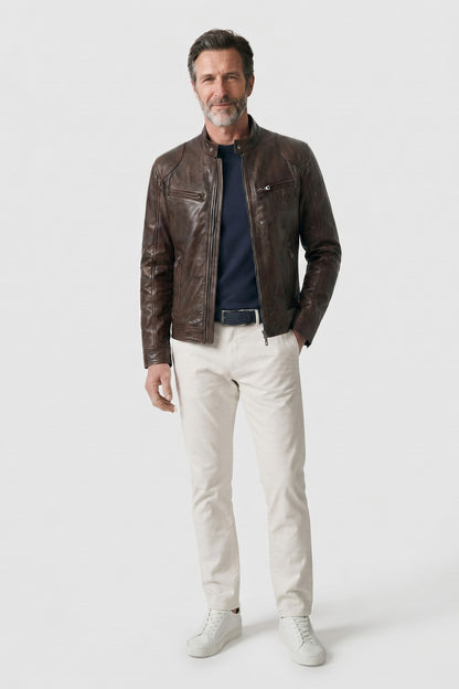 Men's Biker Jacket | Stand Collar — Brown — front view — on model