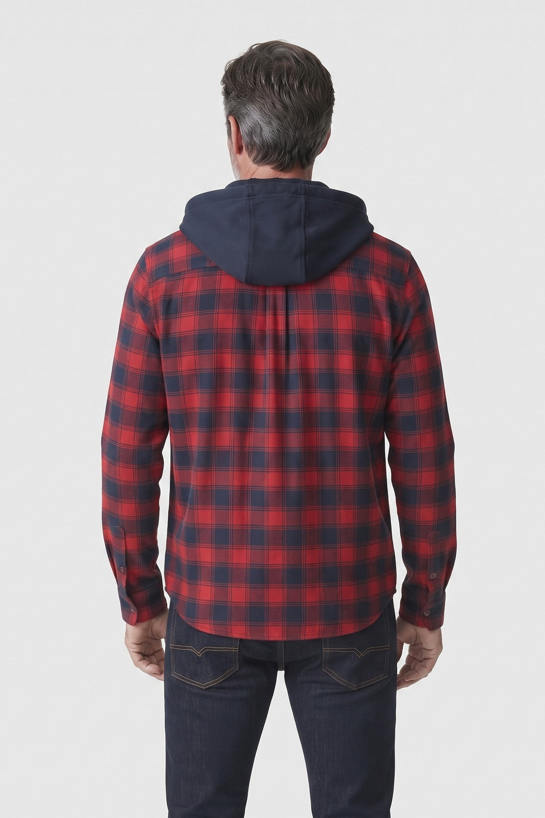 Men's Checked Shirt Jacket | Hooded — Red — back view — on model