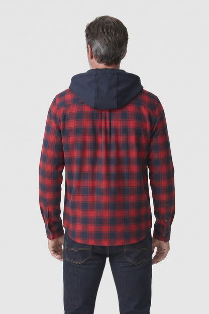 Men's Checked Shirt Jacket | Hooded — Red — back view — on model