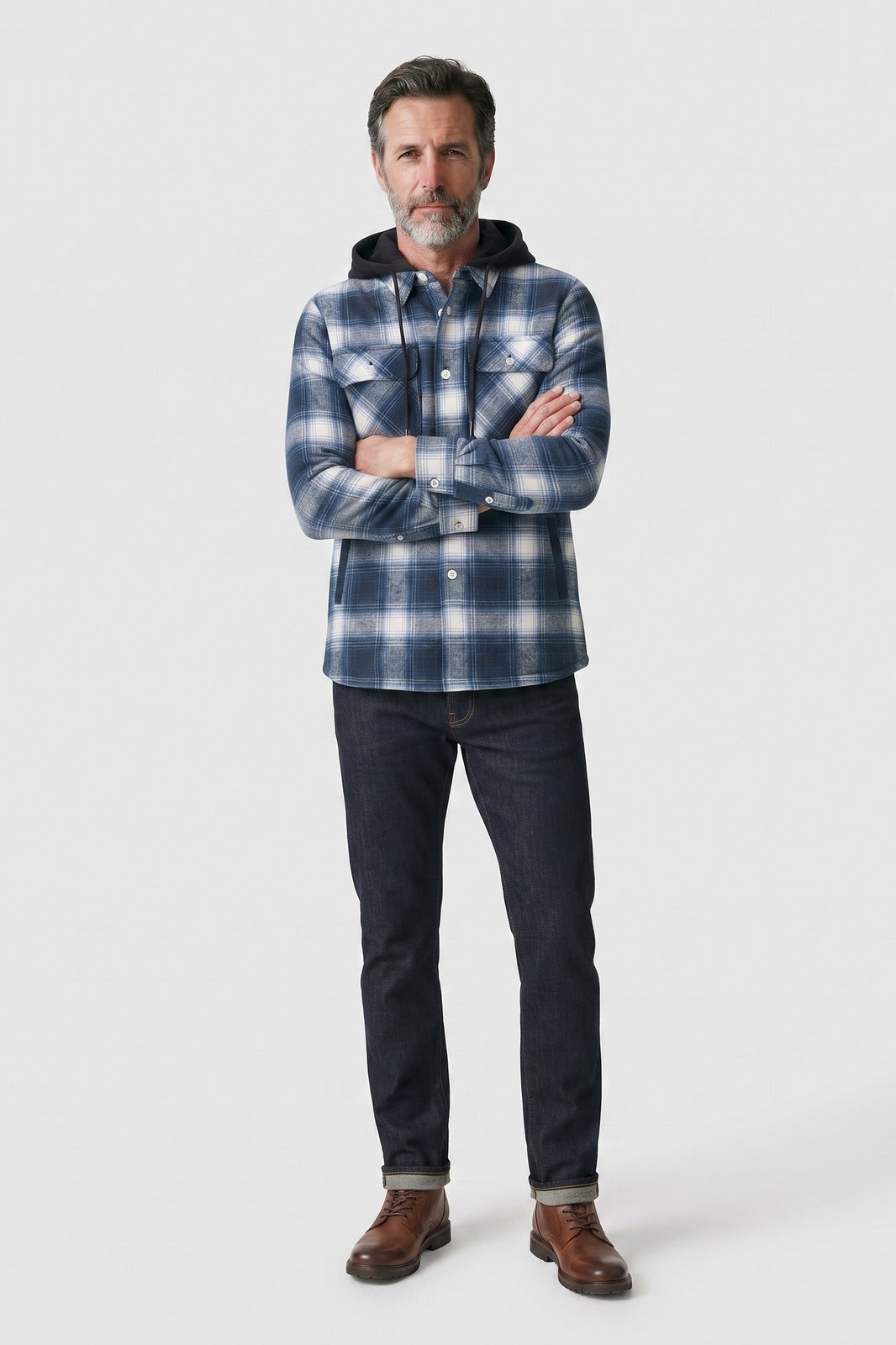 Men's Checked Shirt Jacket | Hooded — Light Blue — front view — on model