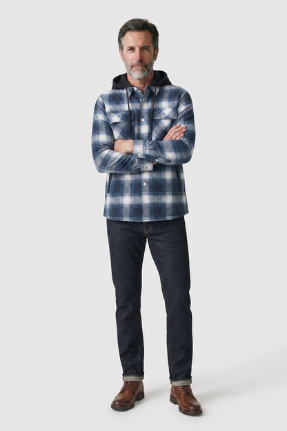 Men's Checked Shirt Jacket | Hooded — Light Blue — front view — on model