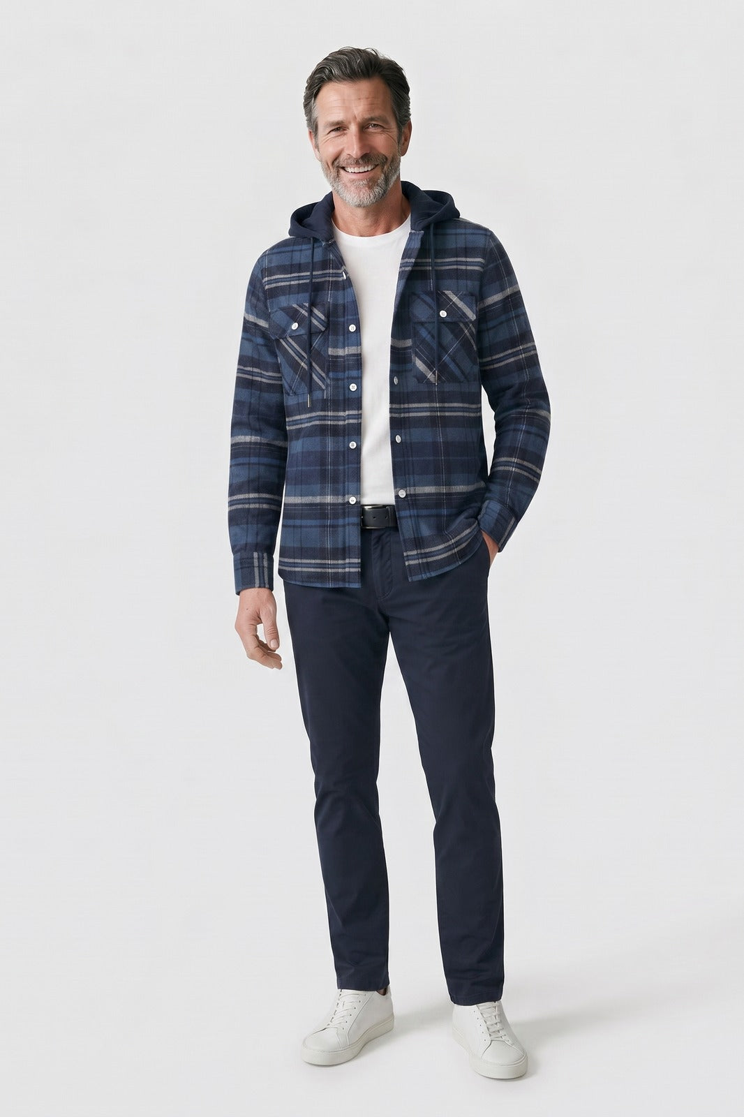 Men's Checked Shirt Jacket | Hooded — Dark Blue — front view — on model