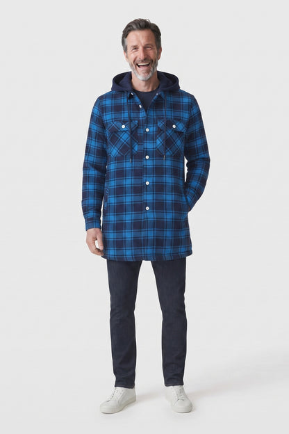 Men's Checked Shirt Jacket | Hooded — Blue — front view — on model