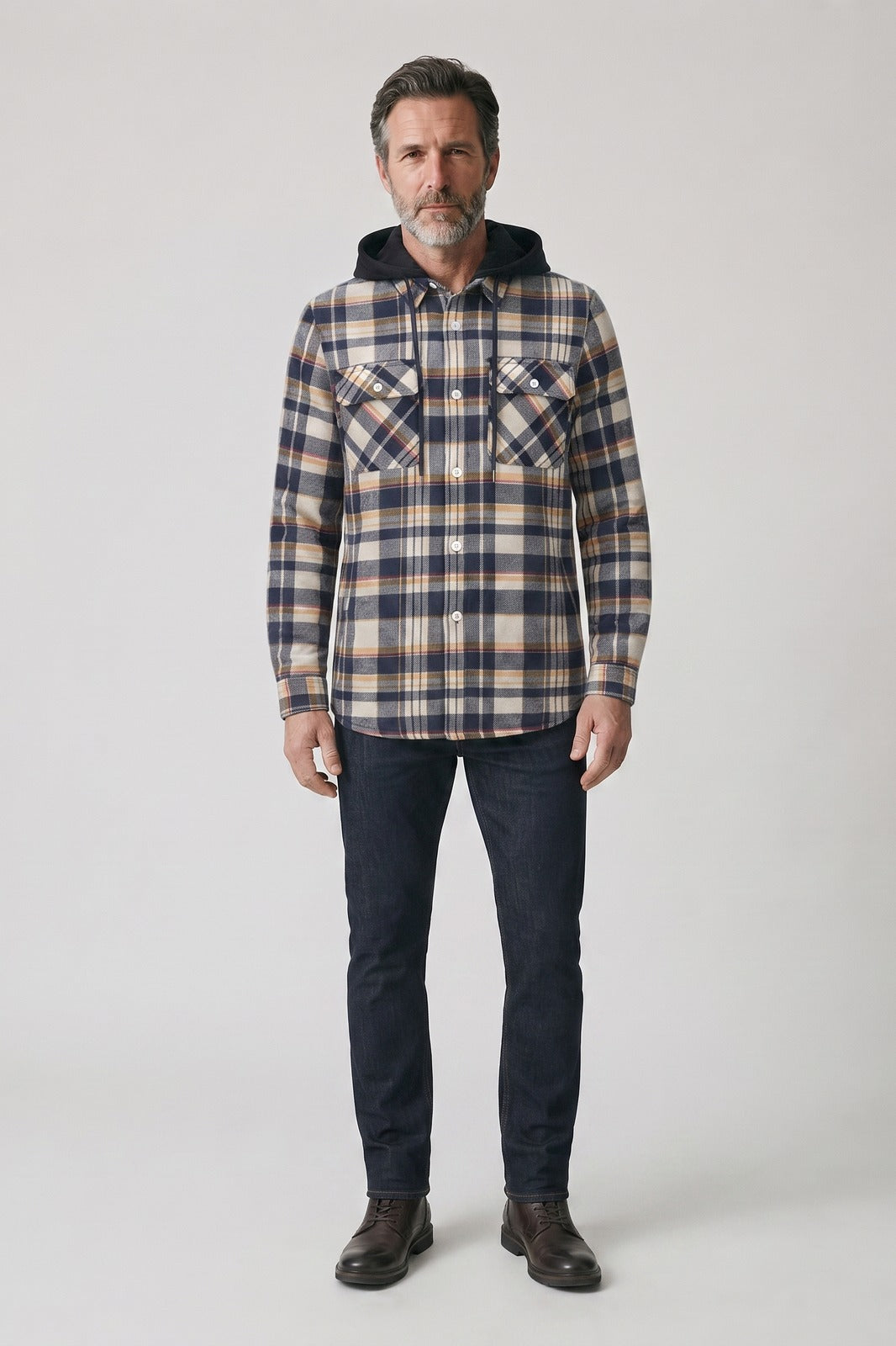 Men's Checked Shirt Jacket | Hooded — Grey — front view — on model