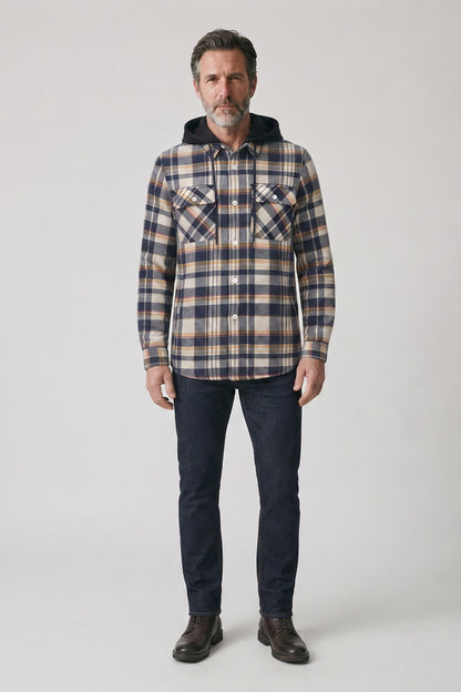 Men's Checked Shirt Jacket | Hooded — Grey — front view — on model