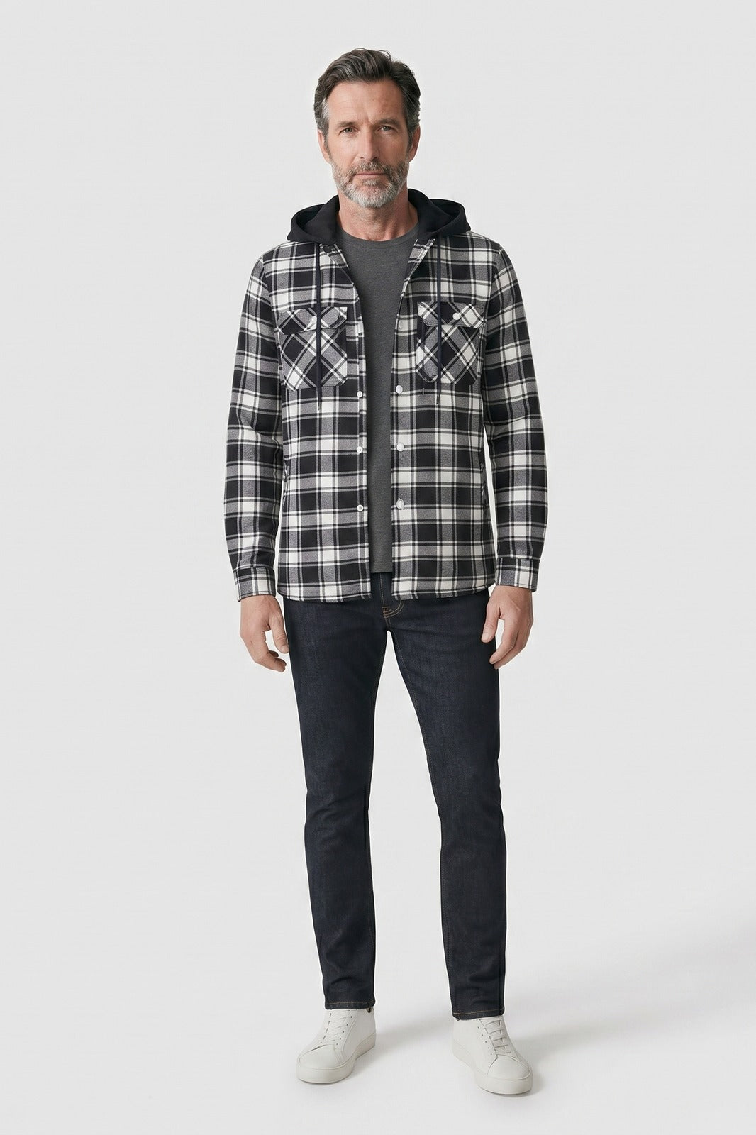 Men's Checked Shirt Jacket | Hooded — Black — front view — on model