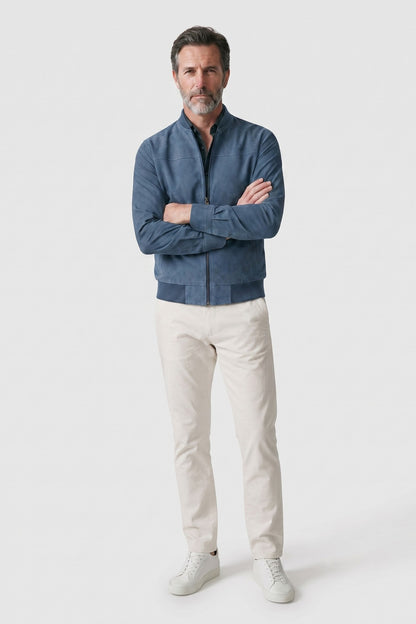 Men's Bomber Jacket | Stand Collar — Navy Blue — front view — on model
