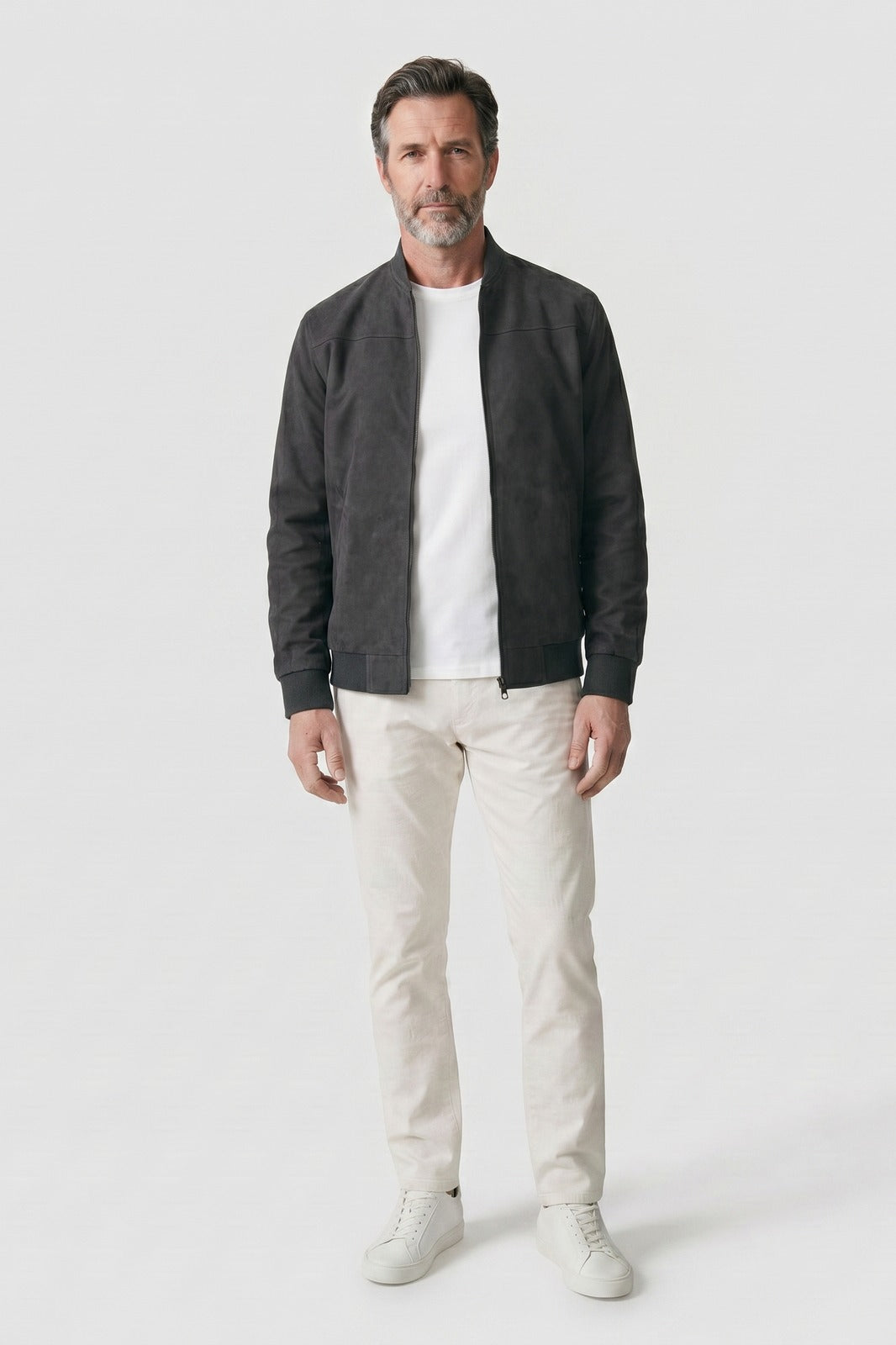 Men's Bomber Jacket | Stand Collar — Black — front view — on model