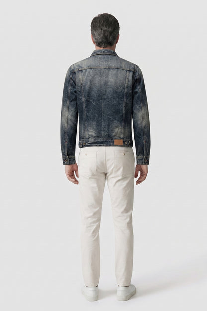 Men's Trucker Jacket | Chest Pockets — Blue — back view — on model