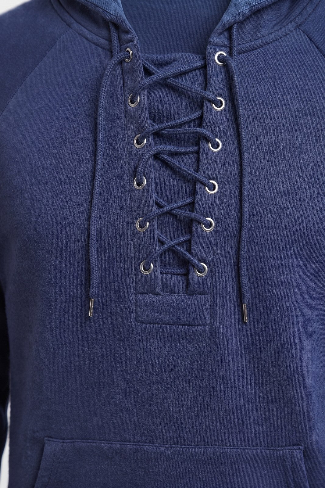 Men's Lace-Up Hoodie | Raglan Sleeve — Blue — detail — on model