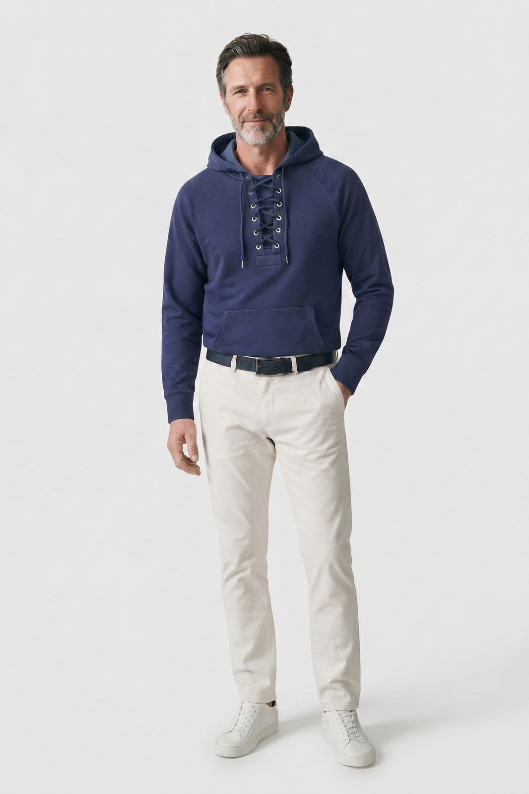 Men's Lace-Up Hoodie | Raglan Sleeve — Blue — front view — on model