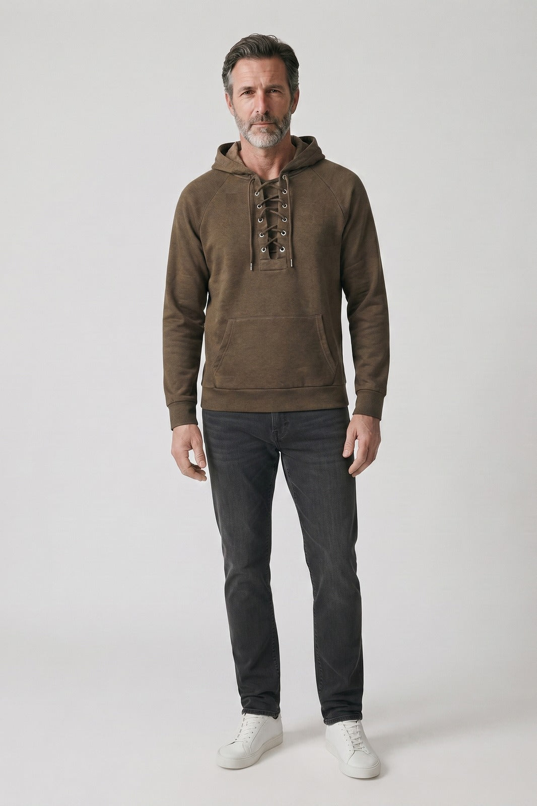 Men's Lace-Up Hoodie | Raglan Sleeve — Khaki — front view — on model