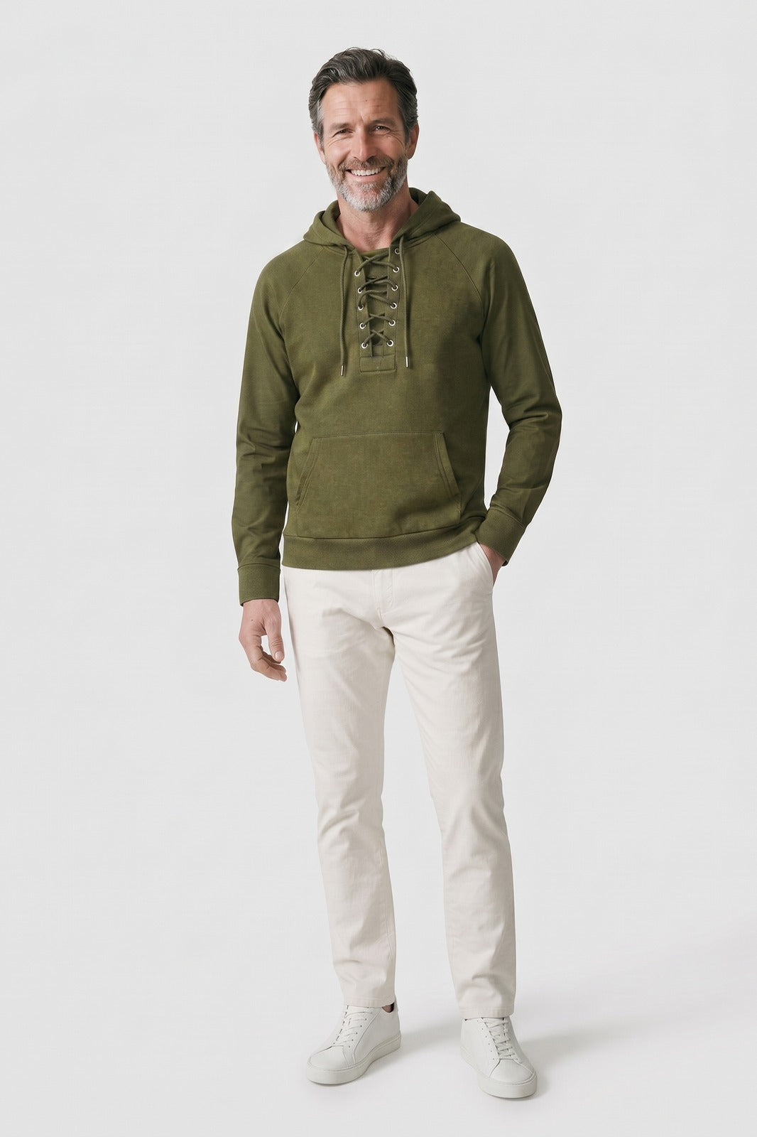 Men's Lace-Up Hoodie | Raglan Sleeve — Green — front view — on model