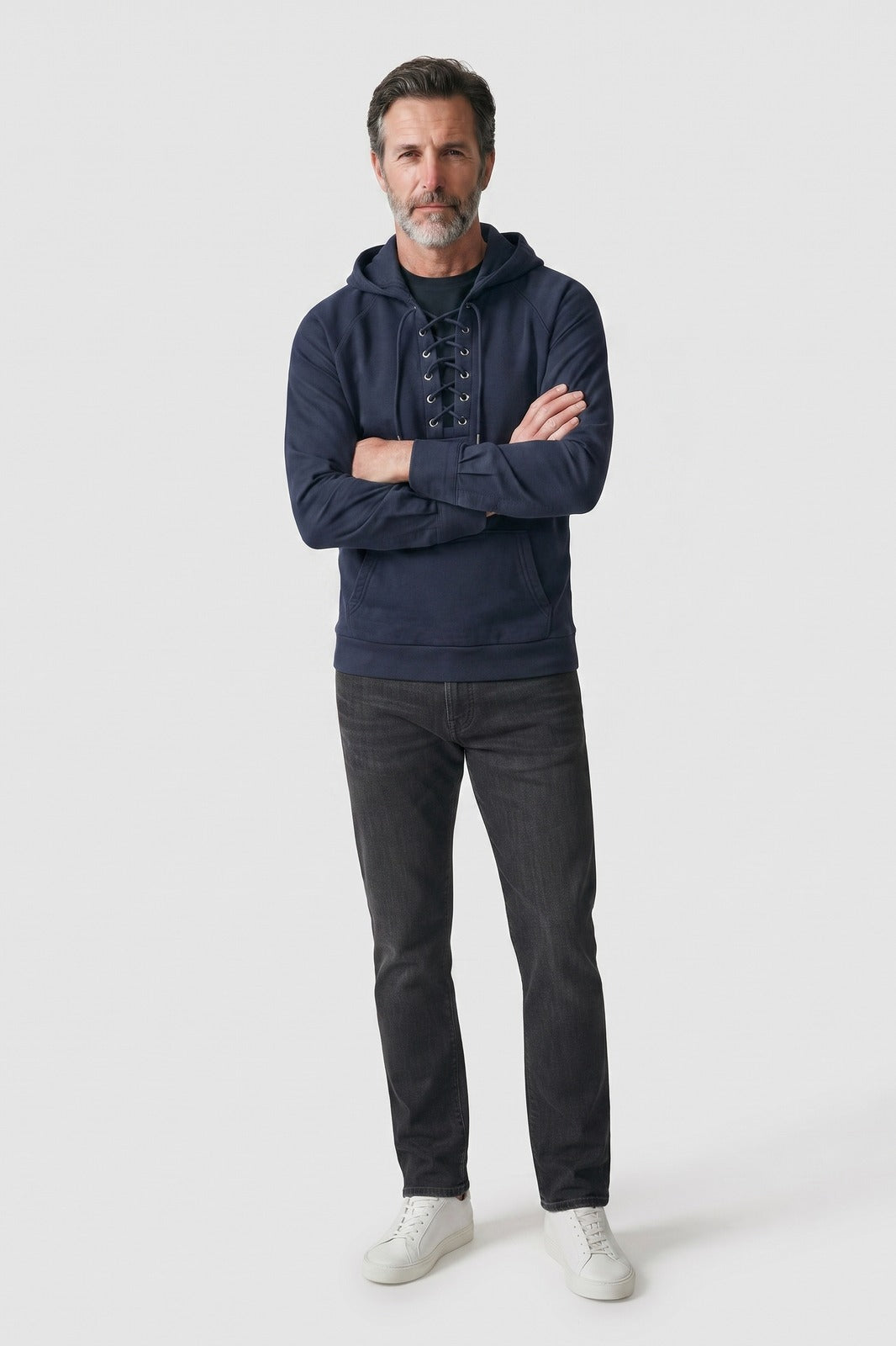 Men's Lace-Up Hoodie | Raglan Sleeve — Navy Blue — front view — on model