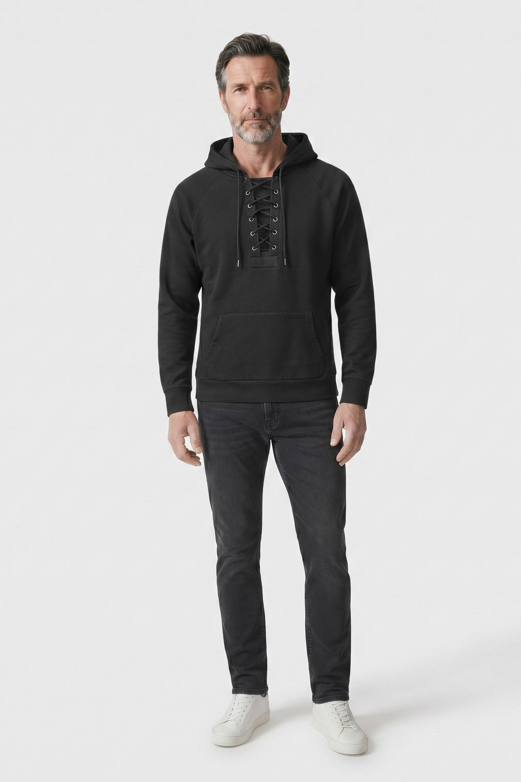 Men's Lace-Up Hoodie | Raglan Sleeve — Black — front view — on model