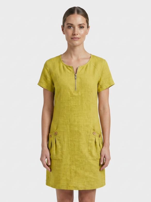 Women's Linen-Look Shift Dress | Zip Neck