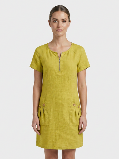 Women's Linen-Look Shift Dress | Zip Neck