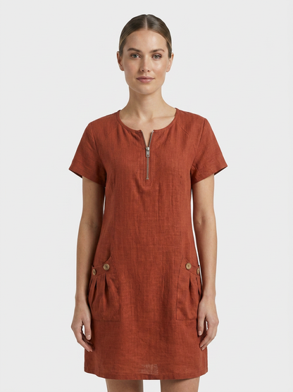 Women's Linen-Look Shift Dress | Zip Neck