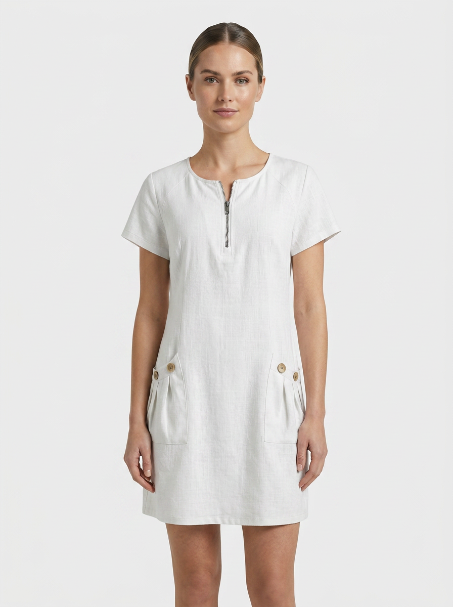 Women's Linen-Look Shift Dress | Zip Neck
