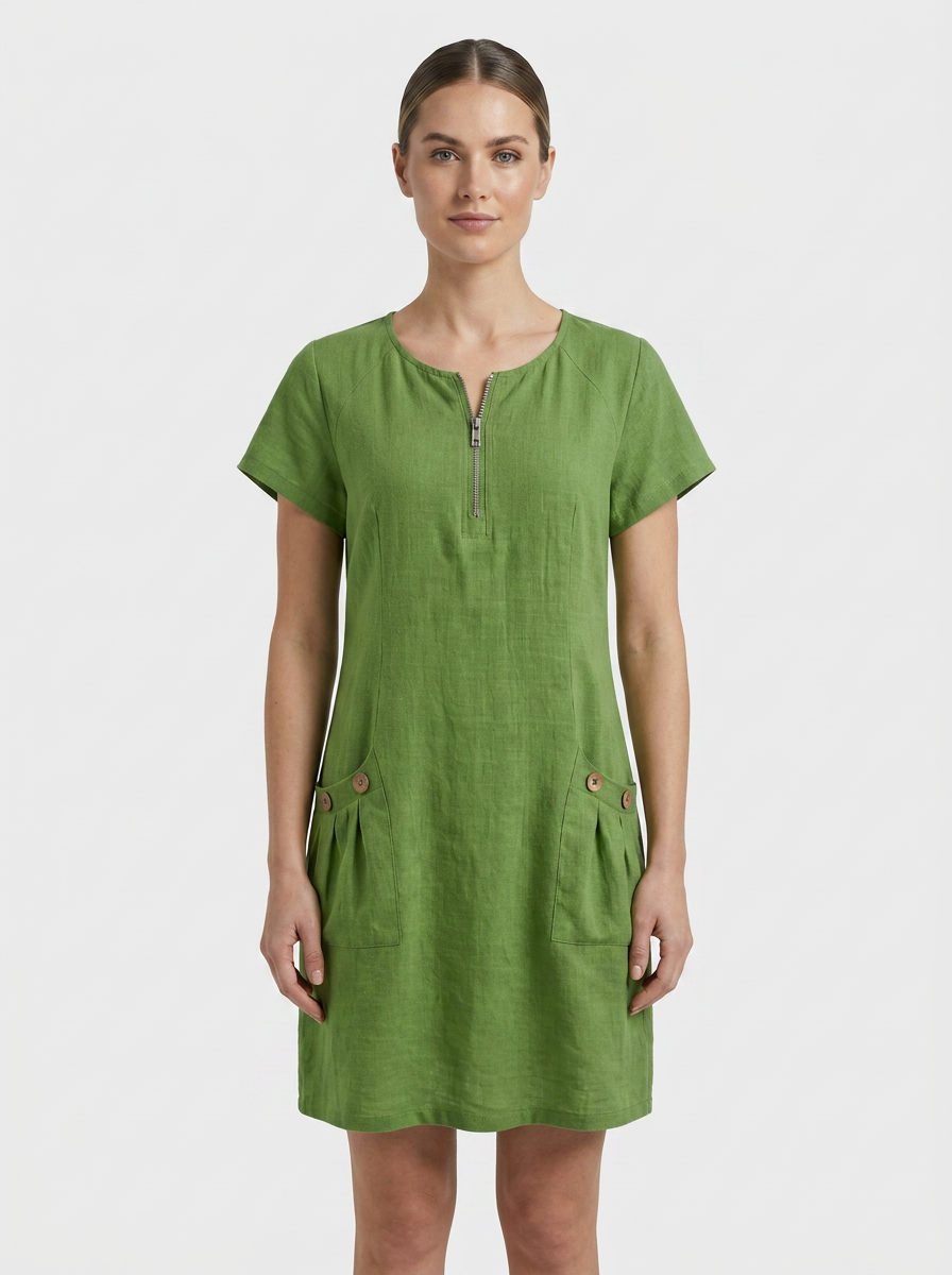 Women's Linen-Look Shift Dress | Zip Neck