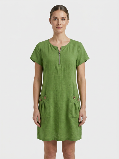 Women's Linen-Look Shift Dress | Zip Neck