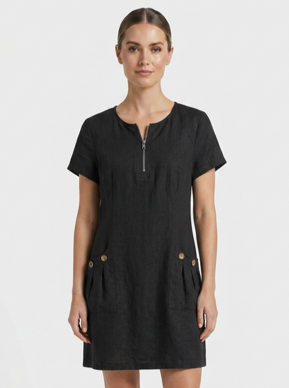 Women's Linen-Look Shift Dress | Zip Neck