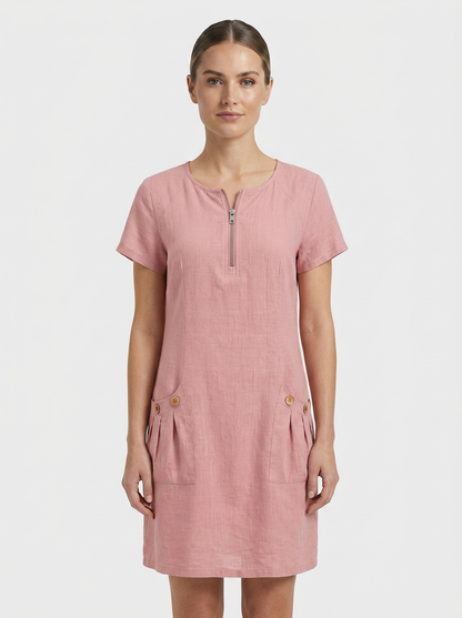 Women's Linen-Look Shift Dress | Zip Neck
