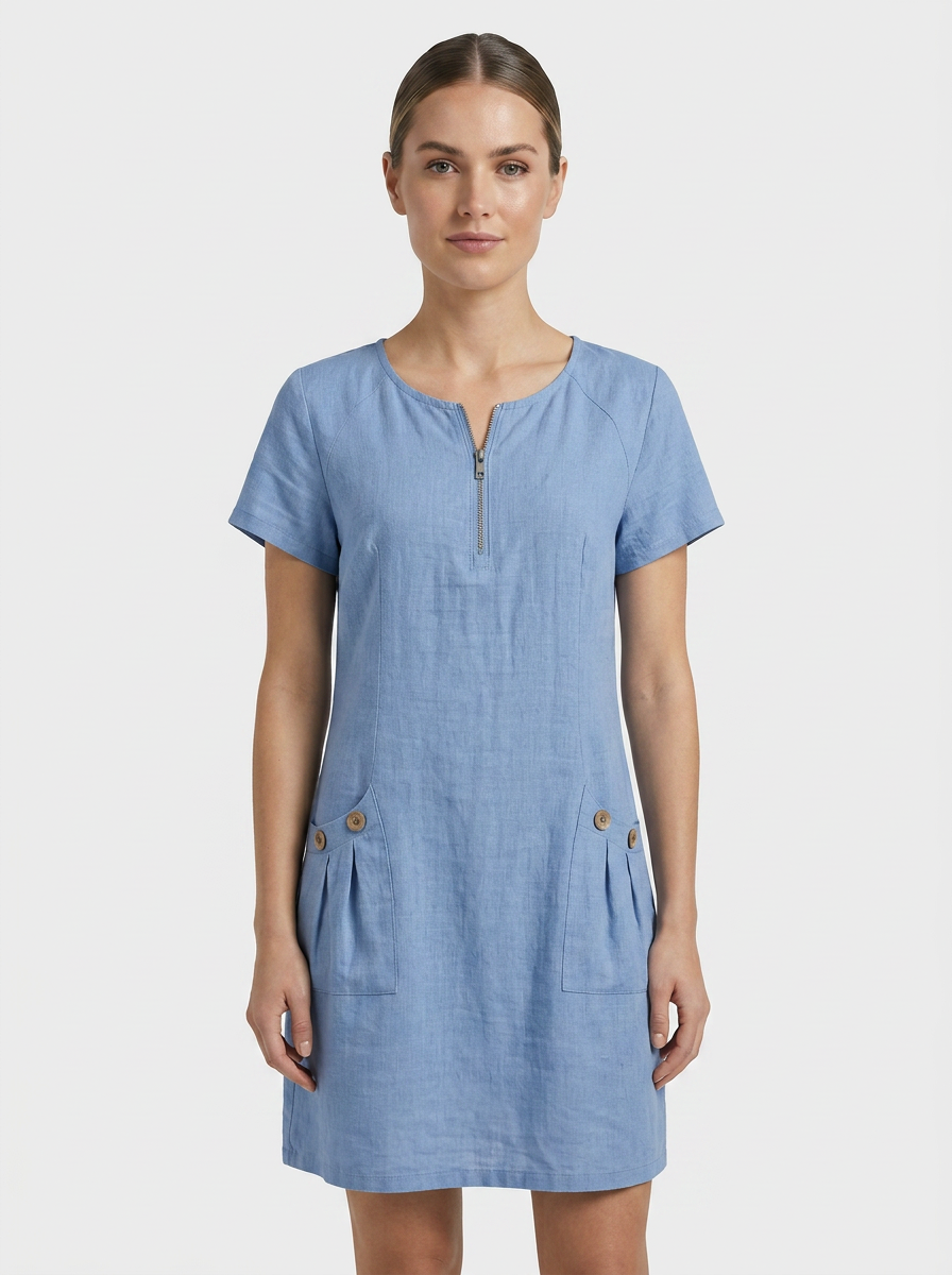 Women's Linen-Look Shift Dress | Zip Neck