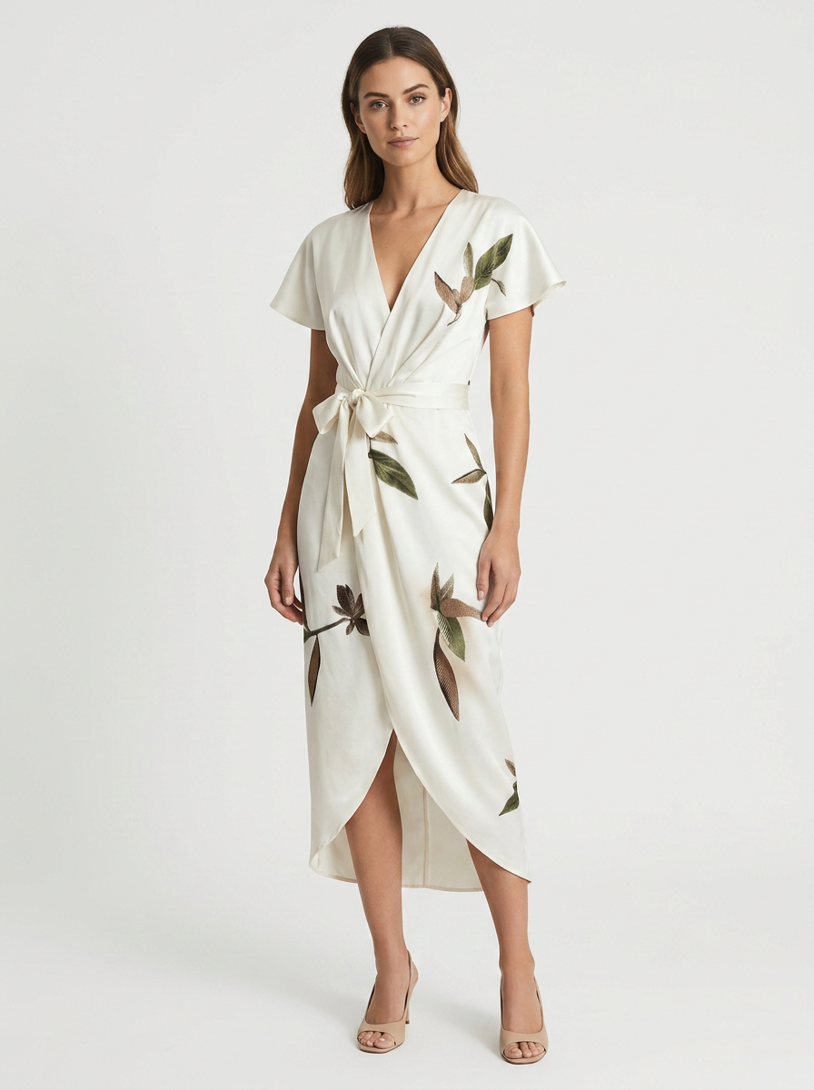 Women's Wrap Midi Dress | Leaf Print