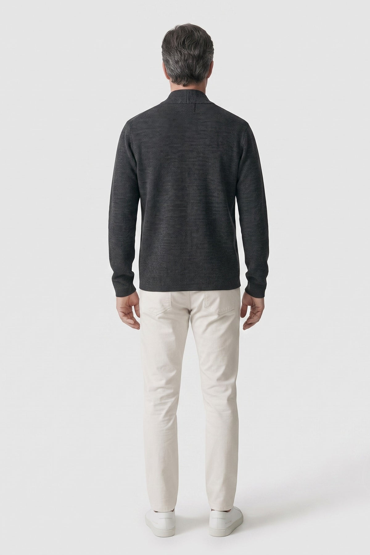 Men's Textured Cardigan | Stand Collar — Black — back view — on model
