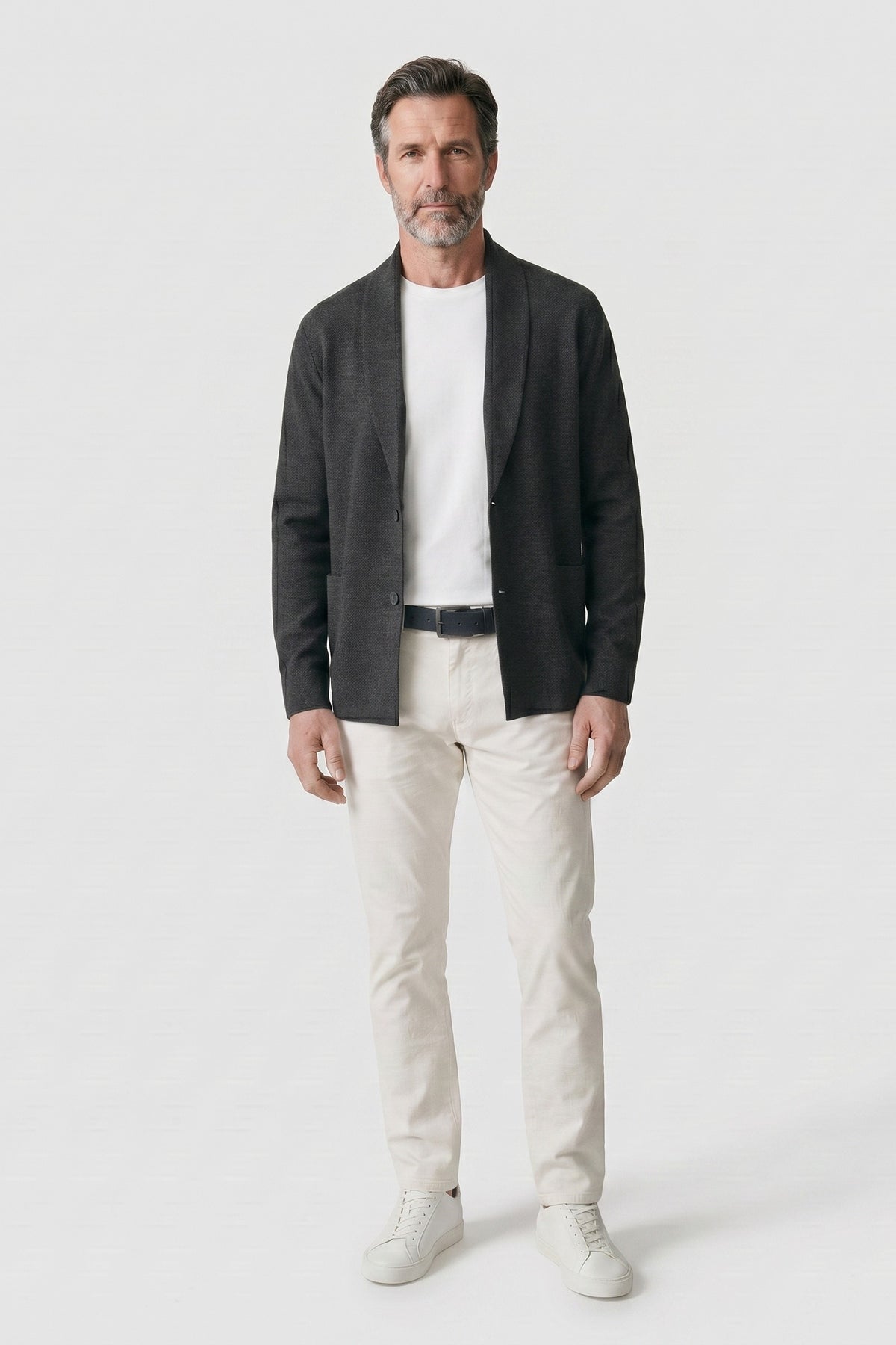 Men's Textured Cardigan | Stand Collar — Black — front view — on model