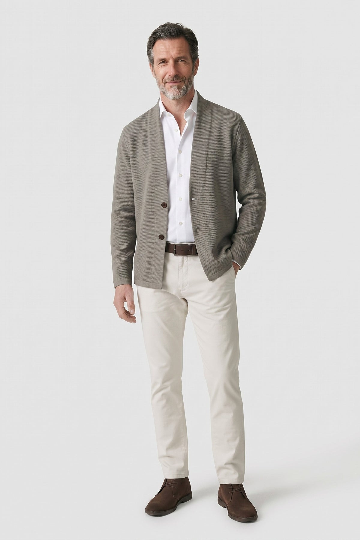 Men's Textured Cardigan | Stand Collar — Grey — front view — on model