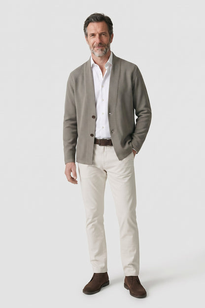 Men's Textured Cardigan | Stand Collar — Grey — front view — on model