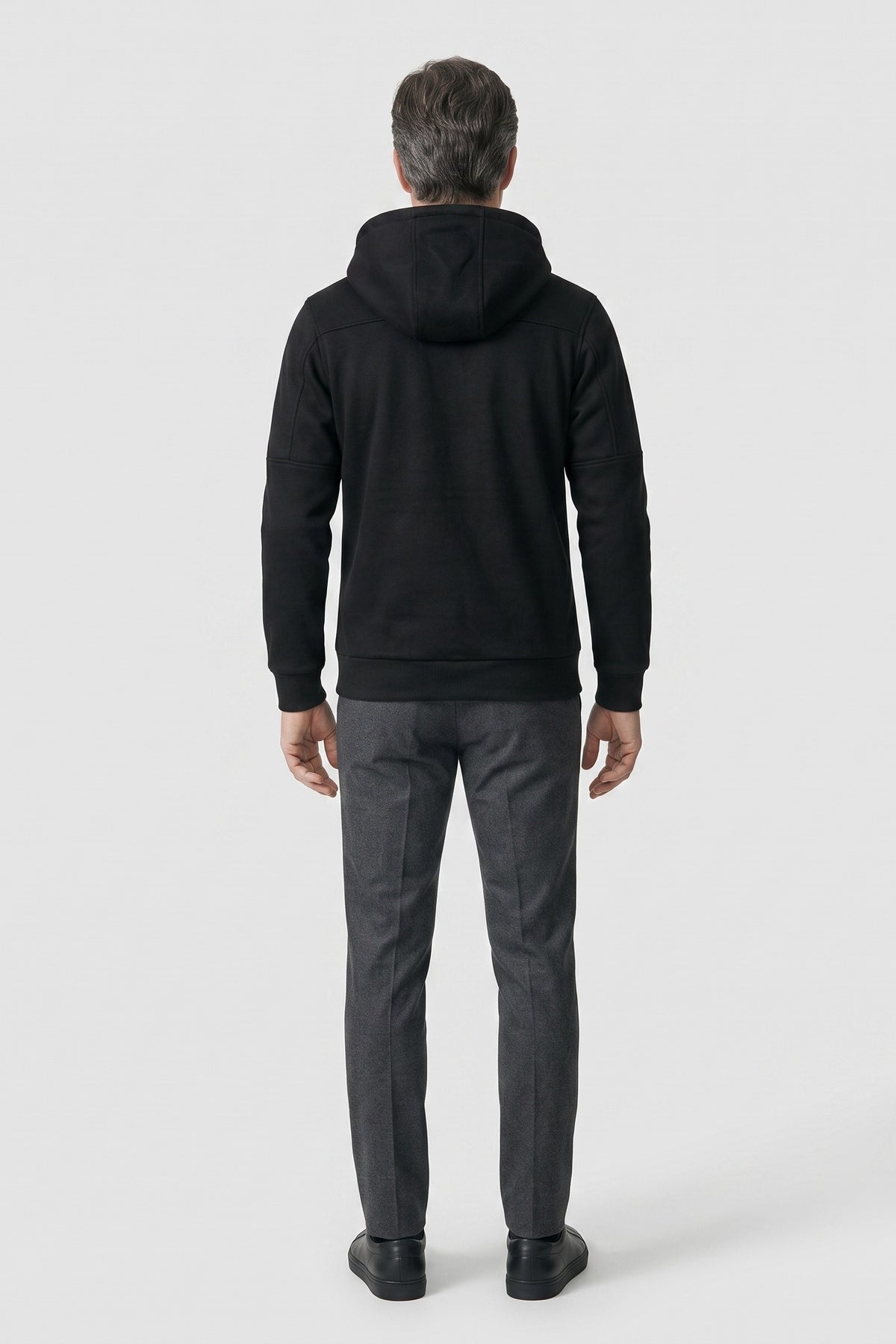 Men's Zip Hooded Jacket | Sleeve Pocket — Black — back view — on model